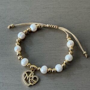 Gold and White Beaded 'Mom' Bracelet